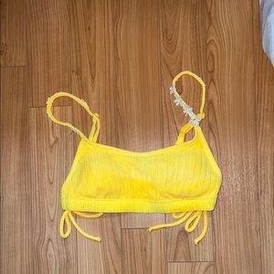 Yellow Ribbed Scoop Neck Bikini Top with Daisy Accents